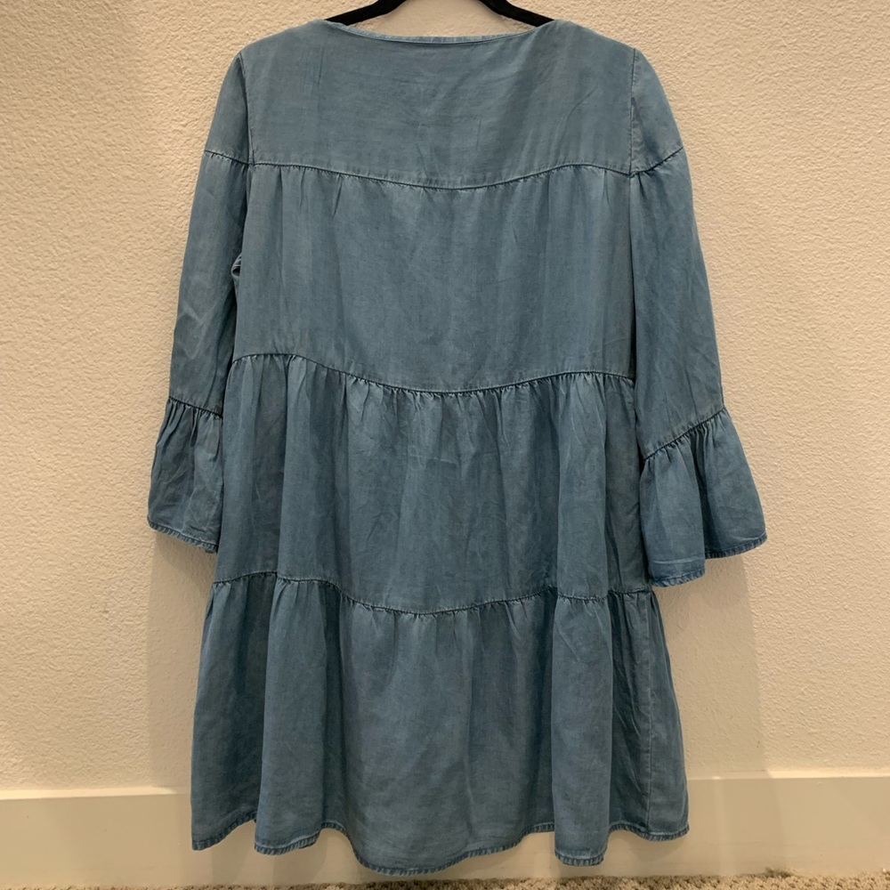 ZARA Premium Denim Collection Blue Chambray Dress Tiered Bell Sleeve-small - Picture 4 of 7